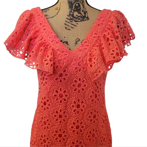 New Size 2 Trina Turk Coral Orance Eyelet Lace Dress With Ruffles - Picture 4 of 7